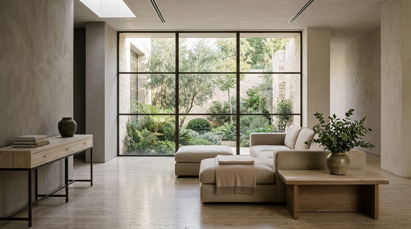 Sunlit, minimalist living room in a high-end home with floor-to-ceiling windows overlooking a garden